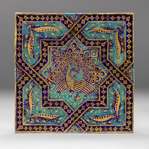 Square Peacock Tile from the Blue Forest Series, no. 1